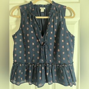 J. Crew Navy Blue Sleeveless Tie Front Peplum Blouse. EUC. Size XS